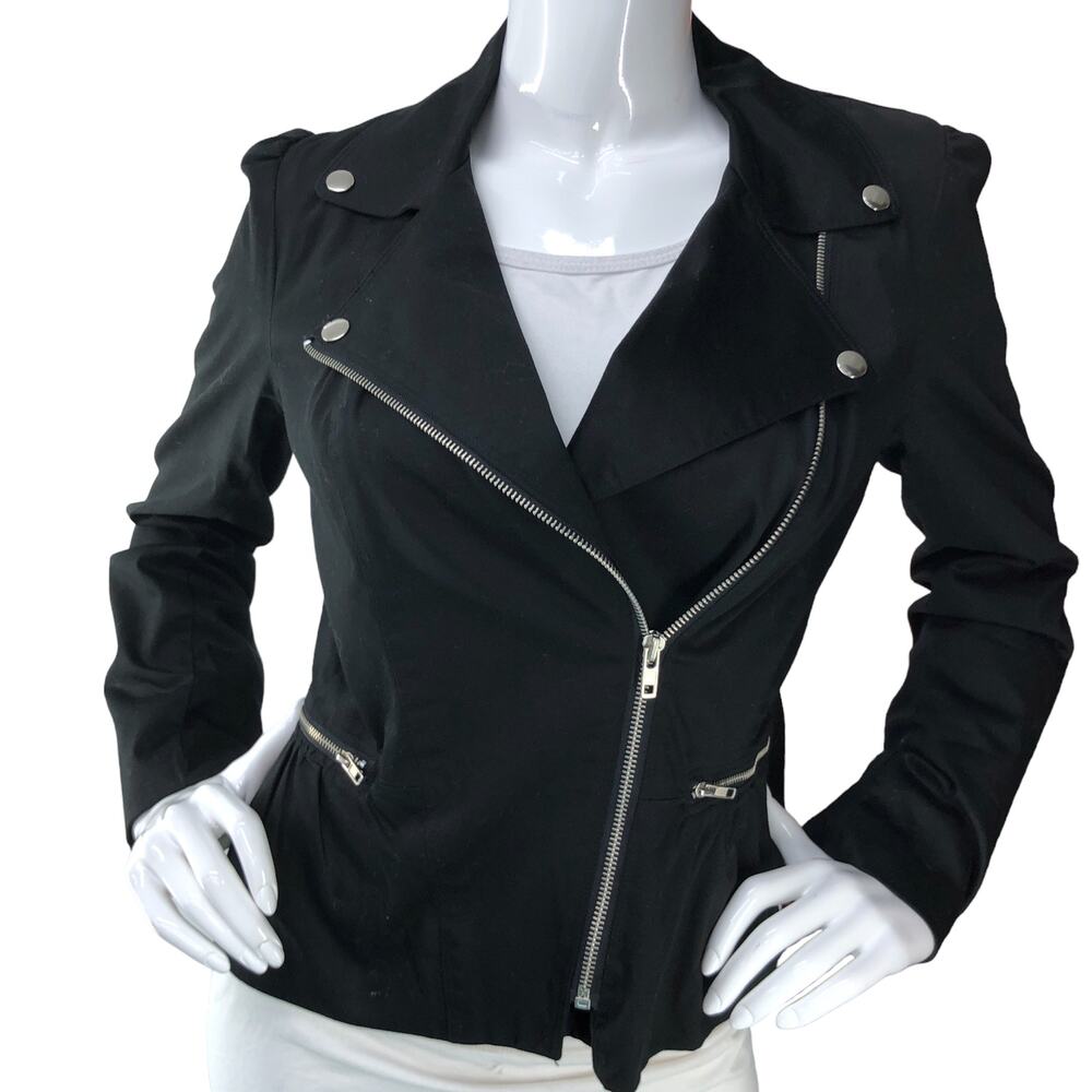 Sandro Womens Size S Biker Jacket Asymmetrical Cotton Zip Pockets Black - Picture 11 of 14